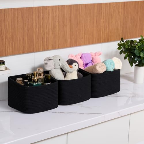 MiniArk Small Organizing Baskets for Cubes Shelf, 9.7x9.7x7.1 Inch Rope Woven Storage Bins for Nursery Shelves Storage, Cute Toy Basket, Square 3 Packs Black