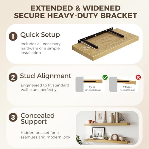 Fun Memories 12 Inch Deep Floating Shelves for Wall, 20 Inch Long Wall Mounted Storage Shelf with Invisible Brackets, 2 Pack Hanging Wood Shelf for Farmhouse, Bedroom, Kitchen, Living Room, Oak