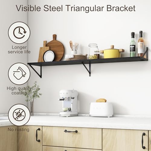 Floating Shelves 55 Inch Long, 10" Deep Floating Shelves, Black Wall Shelves 55 x 10, Set of 2, Wide Large Display Storage Shelves for Bathroom, Living Room, Rustic Wood Shelves with Brackets