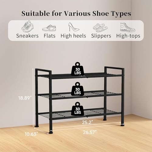 3-Tier Shoe Rack, 26.5" Wide Metal Organizer, Holds 9 Pairs