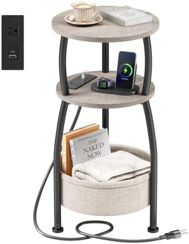 Side Table with Charging Station, Small Round End Table with Basket | Sofa Table with USB Port and Outlet, 3 Tiers Accent Bedside Table for Bedroom, Living Room , Small Spaces, 11.81in Greige
