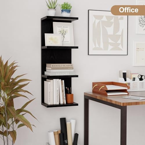 Fun Memories 4 Tier Wall Shelf Unit, Vertical Floating Shelf, Wall Mount Lack Shelving Home Decor Organizer Tall Tower Design Utility Shelving for Bedroom Living Room, Black