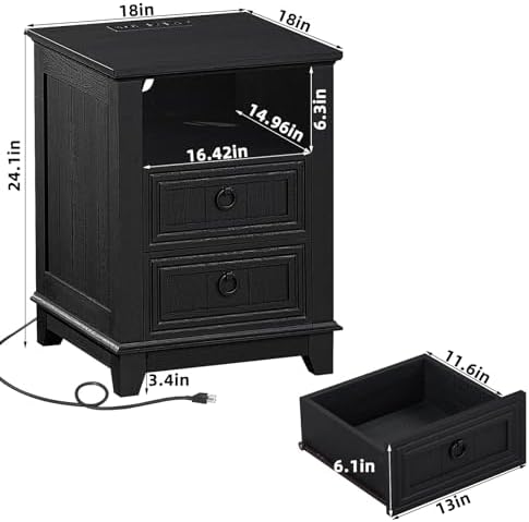 Joaxswe 18" Farmhouse Nightstand with Charging Station & 2 Drawers | Night Stand with Storage, Black Bedside Table w/ 4 Wooden Legs, End Table Bedroom, Bed Side Tables for Living Room, Office