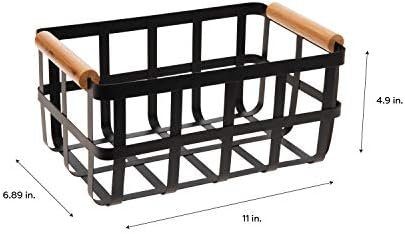 Simplify 4 Pack Rectangular Metal Storage Basket with Bamboo Handles | Large | Farmhouse Style Wire Basket | Home Organizer | Decorative | Rustic | Black