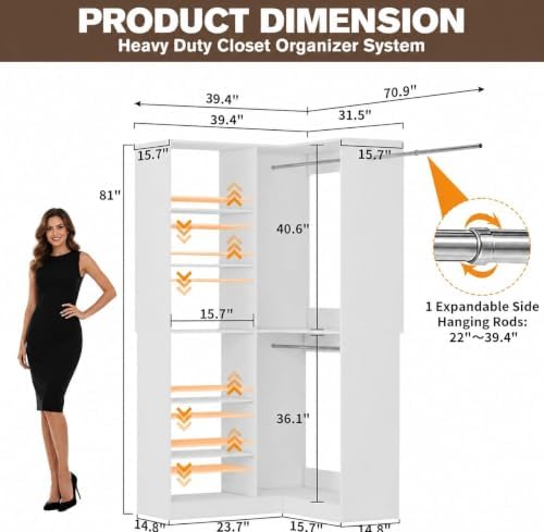 Fastgo Corner Closet System with 6 Shelves ( 4 Adjustable with 20 Height Options), 39.4"-78.8" Custom Corner Closet Organizer System with 3 Hanging Rods, Walk in Closet System Corner, White
