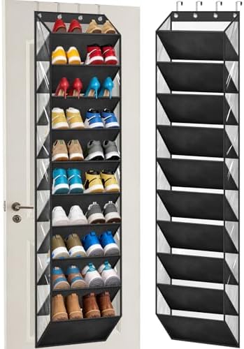 AOODA 10 Tier Clear Over the Door Shoe Organizer Storage, Deep Pockets Large Hanging Shoe Rack for Closet Door, Fit 20 Pairs Shoe Holder Hanger for Sneakers, Boots (Black)