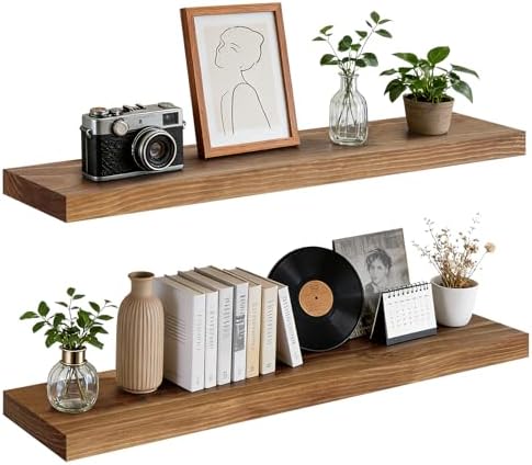 36x6.8x1.7in Solid Wood Floating Wall Shelf Set of 2 Oak Finish