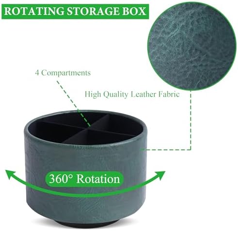 Round Leather Art Supply Organizer,Remote Control Holder,360 Degree Spinning,Multi-Functional Pencil Holder,4 Compartments Desktop Stationary Organizer(1-Crazy Green)
