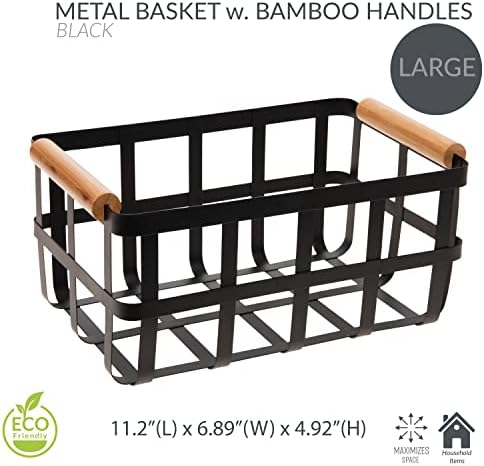Simplify 4 Pack Rectangular Metal Storage Basket with Bamboo Handles | Large | Farmhouse Style Wire Basket | Home Organizer | Decorative | Rustic | Black