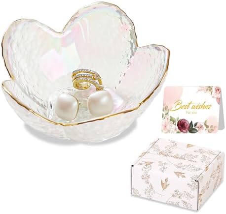 White Flower Jewelry Dish Glass Ring Dish Jewelry Tray Cute Vanity Organizer Room Decor Aesthetic Nightstand Bathroom Decor Trinket Dish Ring Holder Jewellery Tray Valentine's Birthday Gifts for Women