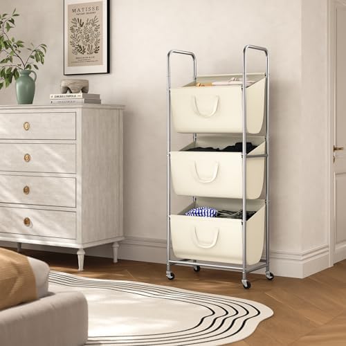 ELYKEN 3-Tier Vertical Rolling Laundry Hamper with Wheels & Removable Bags | 120L Capacity, Space-Saving Design, Locking Casters, 3 Section Laundry Sorter for Apartments, Small Spaces, Closet, Dorm