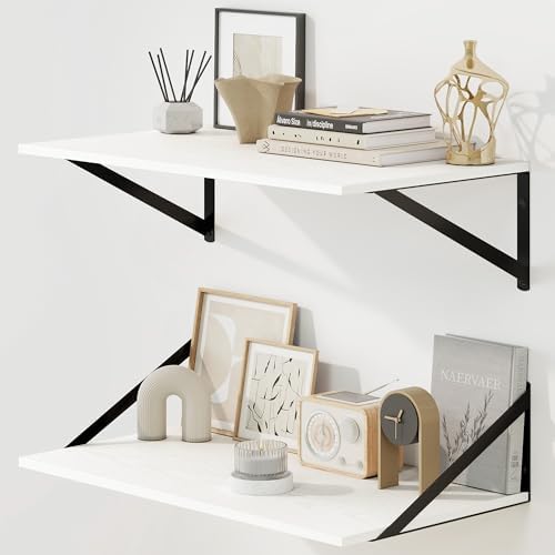 Fun Memories Floating Shelves for Wall, 12 Inch Deep Floating Shelves Set of 2, 24W x 12D Large Wall Shelf with Sturdy Metal Brackets for Living Room, Bathroom, Bedroom and Kitchen, White