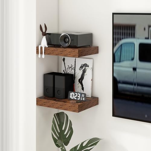 FLYJOE 12 Inch Deep Floating Shelves, 16 Inch Brown Wall Shelves Set of 2