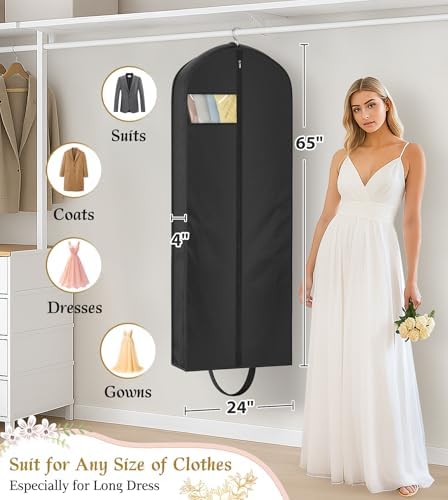 KEETDY Wedding Dress Garment Bag for Travel with 4" Gusseted Long Hanging Dress Bags for Gowns for Women Garment Cover Clothes Storage for Closet (Black, 65 inch)