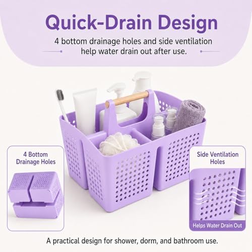 Portable Shower Caddy Basket with 3 Compartments and Handle, Purple | Plastic Divided Beauty Caddy Organizer for Hair Care, Cosmetics, Toiletries, Craft Supplies, Dorms and Vanities
