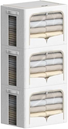 FHSQX 3 Pack Clothes Storage Bins Foldable Metal Frame Storage Box Stackable Linen Fabric Container Organizer Set with Carrying Handles and Clear Window (Cream White, 15.7x11.8x11.8inch(36L))