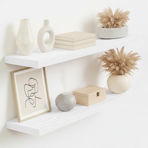 Vivelove Floating Shelves 9 inch Deep 36”Long Set of 2, White | Easy Install With Hardware, 1.5" Thick, Invisible Brackets, Wall Mounted, No Sagging, For Any Room