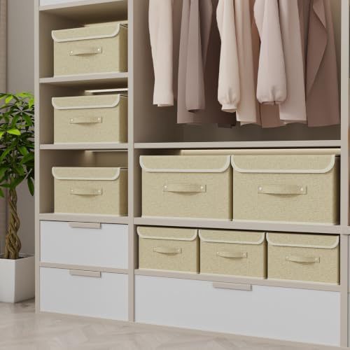 Storage Bins with Handles,Grey and Beige,15x9.8x9.8in,1 Pack | Storage Baskets with PP Board Support,Washable Wardrobe Organisers with Lids,Stackable Organization Bins for Socks,Ties,Scarf