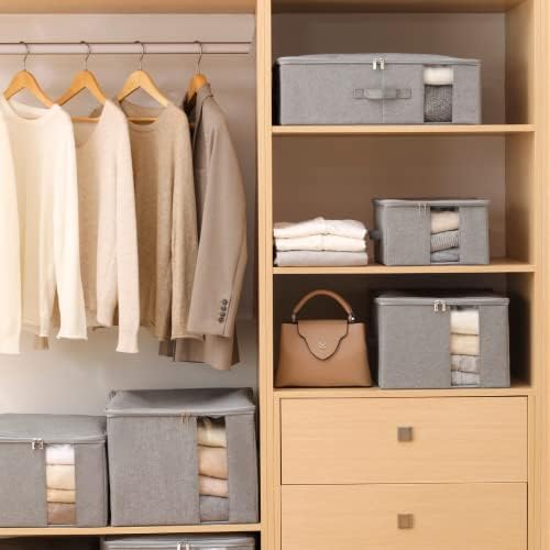 Closet Storage Containers with Clear window - 600D Cationic Fabric, Clothing, Blanket, Comforters Organizer (L (17.7x13.7x9.8in) for 20-25 T-shirts, Light grey)