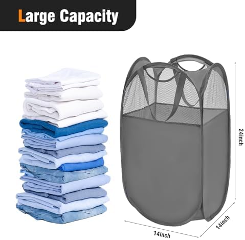 TECHMILLY Pop Up Foldable Laundry Basket, Mesh Laundry Hamper with Reinforced Handles for Dirty Clothes Storage in Dorm, Laundry Room, Bathroom, Grey(Fabric), 3 Pack