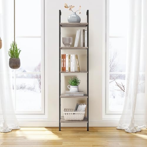 ELYKEN Ladder Shelf, 5-Tier Wood Wall Mounted Ladder Bookshelf | Leaning Storage Shelves with Metal Frame, Vintage Open Display Organizer Rack for Living Room, Bedroom, Home Office, Greige