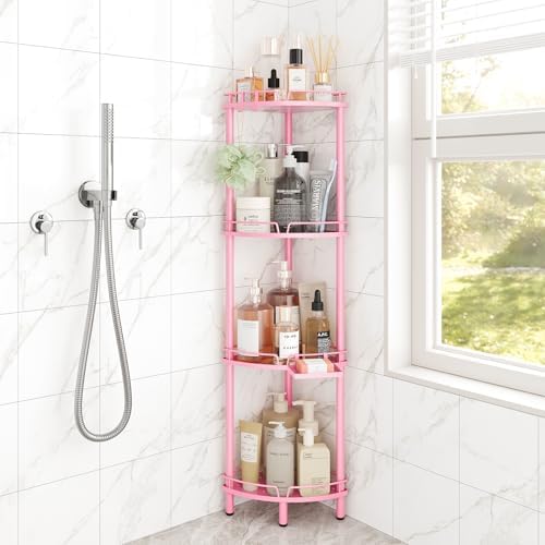 ELYKEN Corner Shower Caddy Standing, 4 Tier Metal Shower Organizer, Pink | Stainless Steel Shower Shelves with Soap Holder, Adjustable Feet & 2 Hooks for Storing Bath Essentials in Bathroom corner