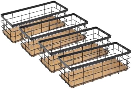 TIEYIPIN Farmhouse Small Metal Wire Storage Basket Bin, Rustic Home Storage Organizer with Wooden Bottom for Kitchen, Cabinets, Bathroom Counter, Pantry, Garage, Laundry Room - Black (4 Pack)