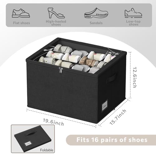 Shoe Organizer for Closet, 2 Pack Foldable Shoe Storage Box with Clear Cover and Adjustable Dividers, Stackable Storage Bins for Boots, Fits up to 32 Pairs (Black, 19.7 × 15.7 × 12.6 in)