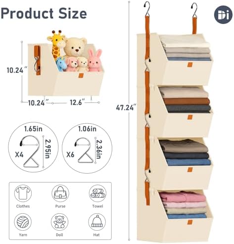 DIMJ Hanging Closet Organizer - 4 Tier Collapsible Hanging Shelves with Hooks Zipper, Fabric Clothes Organizer, Space-Saving Storage Bin Basket for RV, Bedroom, Laundry Organization