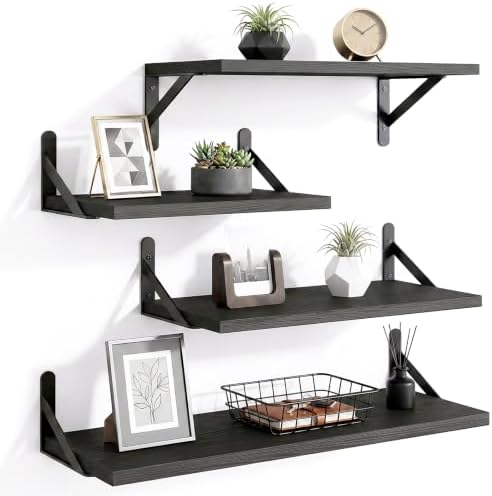 YGEOMER 4 Different Sizes Floating Shelves for Wall Home Decor, Black | Rustic wood shelves in mixed sizes for flexible combined storage. Fits bathroom, kitchen, living room, bedroom and office.