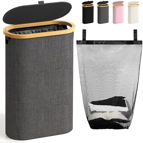 Bathola Slim Laundry Hamper with Lid, 60L Small Laundry Basket, Dark Grey