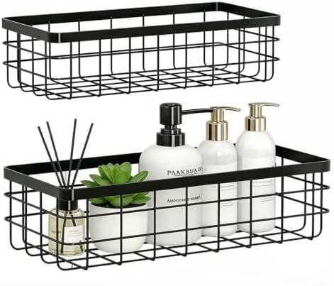 2PCS Adhesive Metal Wire Wall Storage Organizer Hanging Baskets Black M+L
