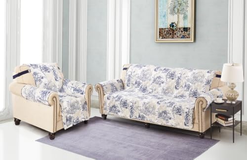 Brilliant Sunshine Blue Toile Loveseat Cover, Beige Ivory Patches, 54" seat