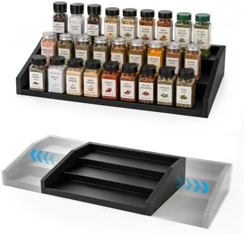 TIOPGHAD 3-Tier Expandable Spice Rack Organizer, 12.8-22.6 in, Black | Adjustable, Countertop Stepped wood & iron Seasoning Organizer, Shelf for kitchen Cabinet Pantry Jars Bottles Syrup