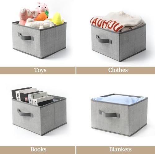 Storage Baskets, 11-Inch Woven Fabric Bins, Storage Cubes with Reinforced Handles, Organizer Bins for Closet Shelves, Foldable, for Toys, Clothes (4PCS/Grey-11*11*7.8inch)