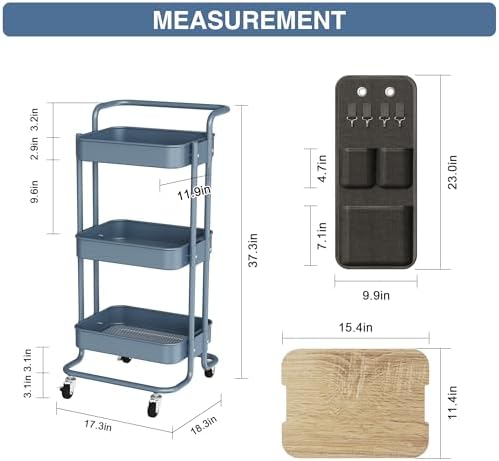 DTK 3-Tier Rolling Cart with Table Top, Metal Utility Cart with Side Bags | Tray Storage Organizer, Lockable Wheels, 4 Hooks, Art Cart for Kitchen, Bathroom, Office, Craft room, Living room, Blue