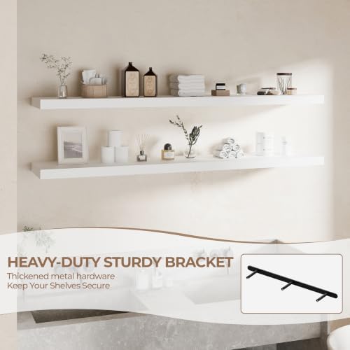 60 Inch Long Floating Shelves for Wall Set of 2, Solid Wood White Floating Shelves 10in Depth, 5ft Large Wall Shelf Floating Bookshelf for Kitchen Bathroom Living Room