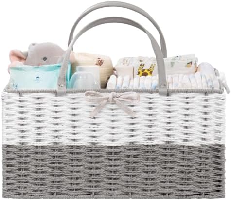 HBlife Large Baby Diaper Caddy Organizer, Paper Rope Storage Baskets Nursery Bin with Removable Divider, Portable Car Organizer for Diapers, Baby Shower Gifts, Newborn Essentials Must Haves