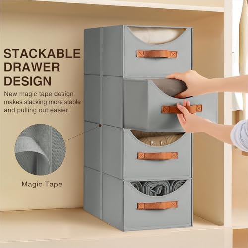 Homsorout Stackable Storage Drawers - Collapsible Storage Bins with Drawers, 8 Pack Closet Shelf Organizer Basket, Fabric Pull Out Organizer for Bedroom, Living Room, Dorm, Grey
