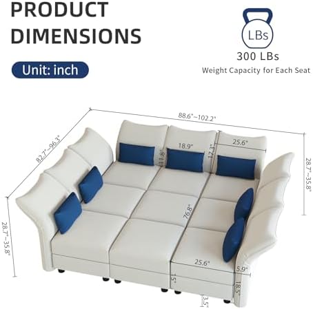 LLappuil Oversized Sleeper Sectional Sofa Couch, 102.2" 9-Seater Bed Shaped Modular Sectional Sofa with Storage Chaise, High Back Recliner Velvet Couches, Anti-Scratch White