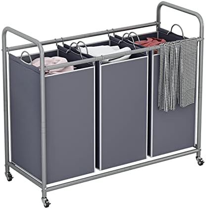 LINZINAR 3 Section Laundry Hamper, Grey Laundry Basket, 135L Laundry Sorter | Laundry Room Organization with Heavy Duty Rolling Lockable Wheels and Removable Bag, Bedroom Laundry Cart for Clothes Storage