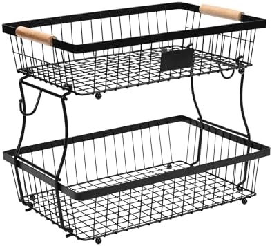 Fruit Basket Bowl 2 Tier Detachable with 2 Banana Hangers, Fruit Stand Holder for Kitchen Countertop, Metal Wire Vegetable Storage Organizer, for Bread Snack Veggies Produce, Black