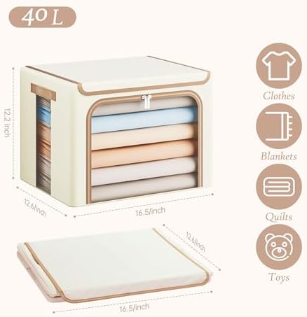 Yecaye Clothes Storage Bins with Lids & Clear Window, Beige, 40L, 3 Pack