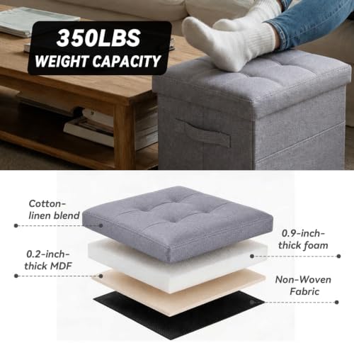 Ottoman with Storage, Folding Square Ottoman with Side Pocket, Foot Stool and Storage Chest for Living Room, Bedroom, Entryway, Dorm. 17x12.6x12.6in, Gray.
