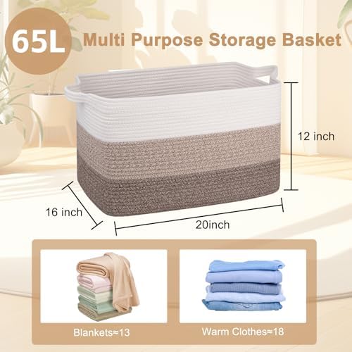 OIAHOMY Large Blanket Basket, 65L Cotton Rope Woven Laundry Basket, Toy Bin for Baby Room, Container for Blanket Storage in Living Room, 20''×16''×12'', Gradient Brown