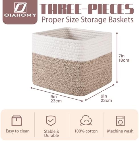 OIAHOMY 3 PACK Cube Storage Bins Storage Baskets Shelf Brown&White