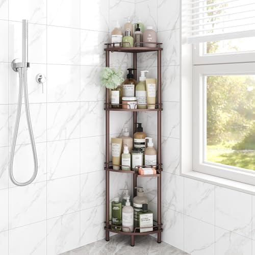 ELYKEN Corner Shower Caddy Standing, 4 Tier Metal Shower Organizer, Bronze | Stainless Steel Shower Shelves with Soap Holder, Adjustable Feet & 2 Hooks for Storing Bath Essentials in Bathroom corner