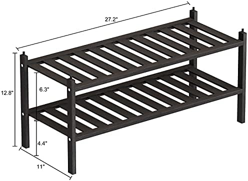 Dranixly Shoe Rack, 2-Tier Bamboo Stackable Shelf Storage Organizer, Stand for Closet, Entryway and Hallway （Black）