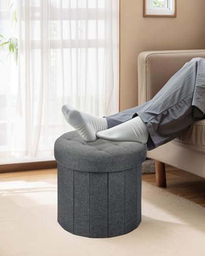 Bsketa Round Storage Ottoman, 14" Folding Linen Foot Rest Stool, Dark Gray | Round Poufs with Thicker Foam Padded Seat Small Linen, Livingroom, Dorm, Bedroom, Easy to install,14 x 14 x 13in