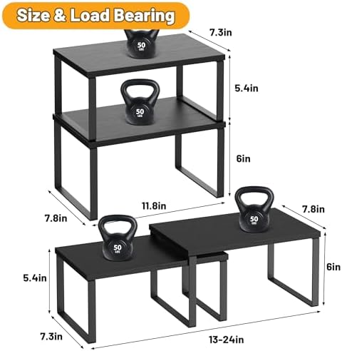 Kitchen Cabinet Organizer Shelf Set of 4, Sturdy Kitchen Counter Shelves with Metal Legs, Stackable Expandable Wood Spice Rack Pantry Cupboard Dish Mug Cup Storage Organizer Shelf, Black